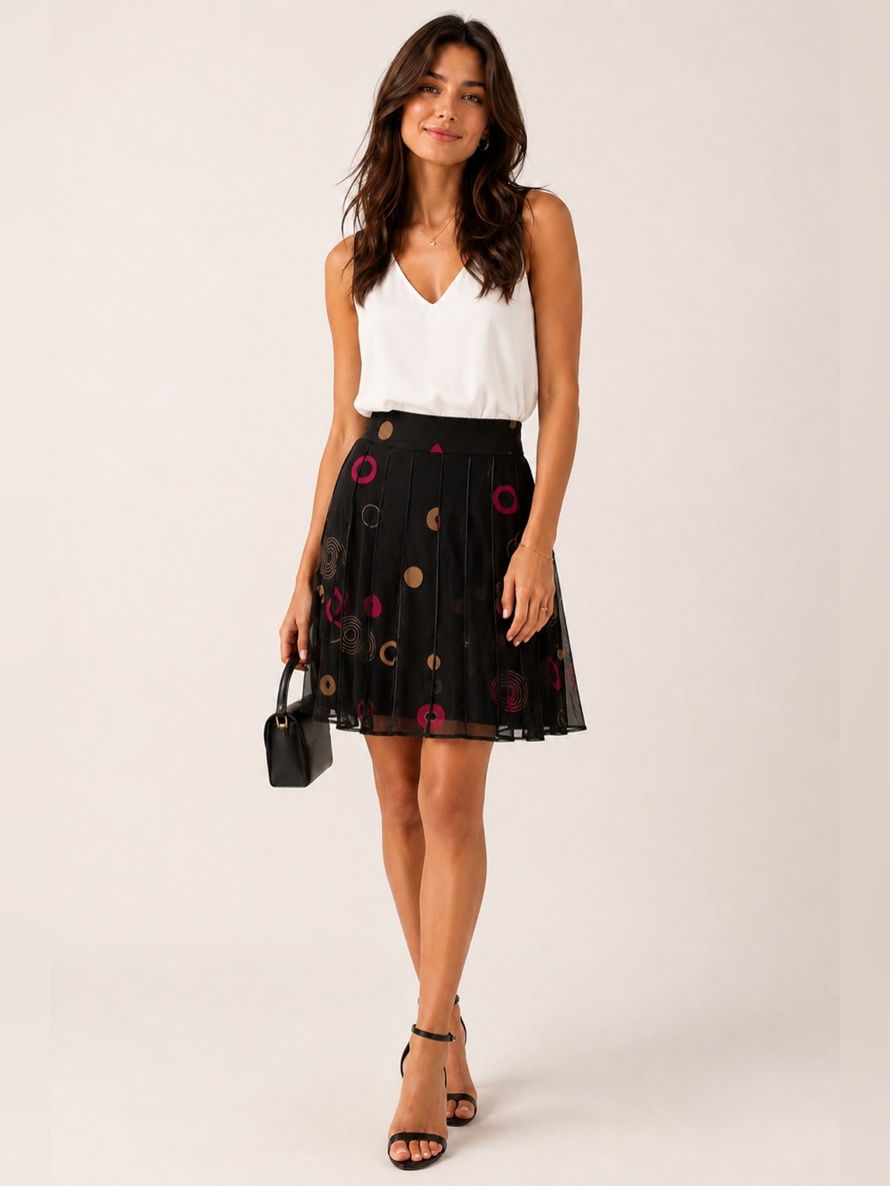 Manyus Vintage Black Silk Circle-Print A-Line Skirt Sz. XS